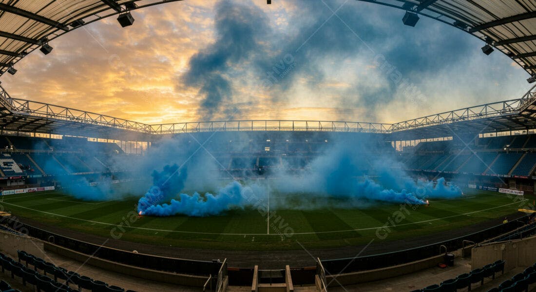 Estádio com fumaça azul ao entardecer