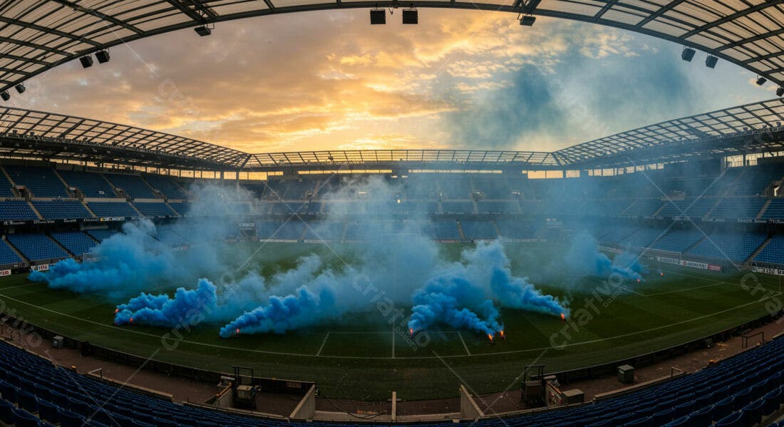 Estádio com fumaça azul ao pôr do sol