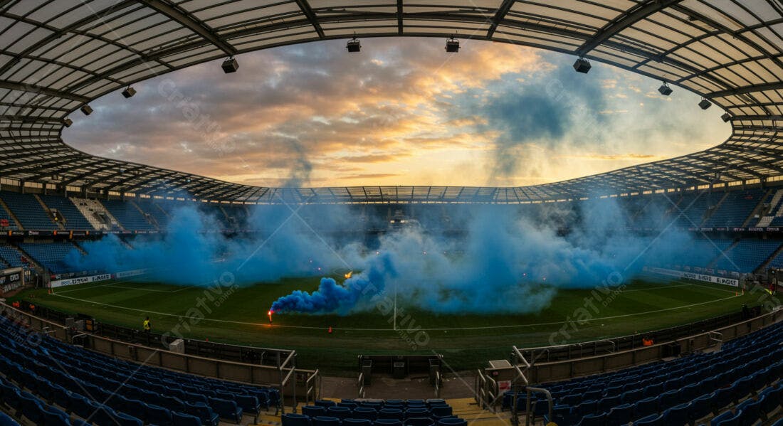 Estádio com fumaça azul ao entardecer