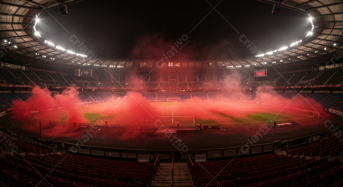 Estádio com fumaça vermelha jogo noturno