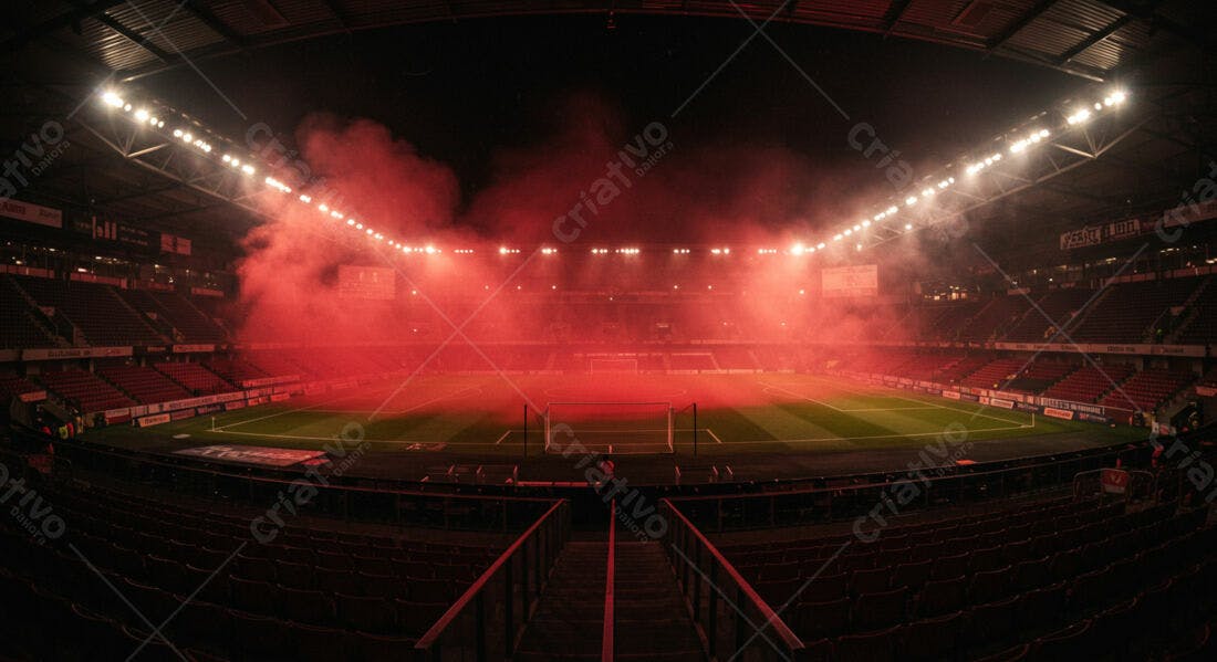 Estádio de futebol com fumaça vermelha