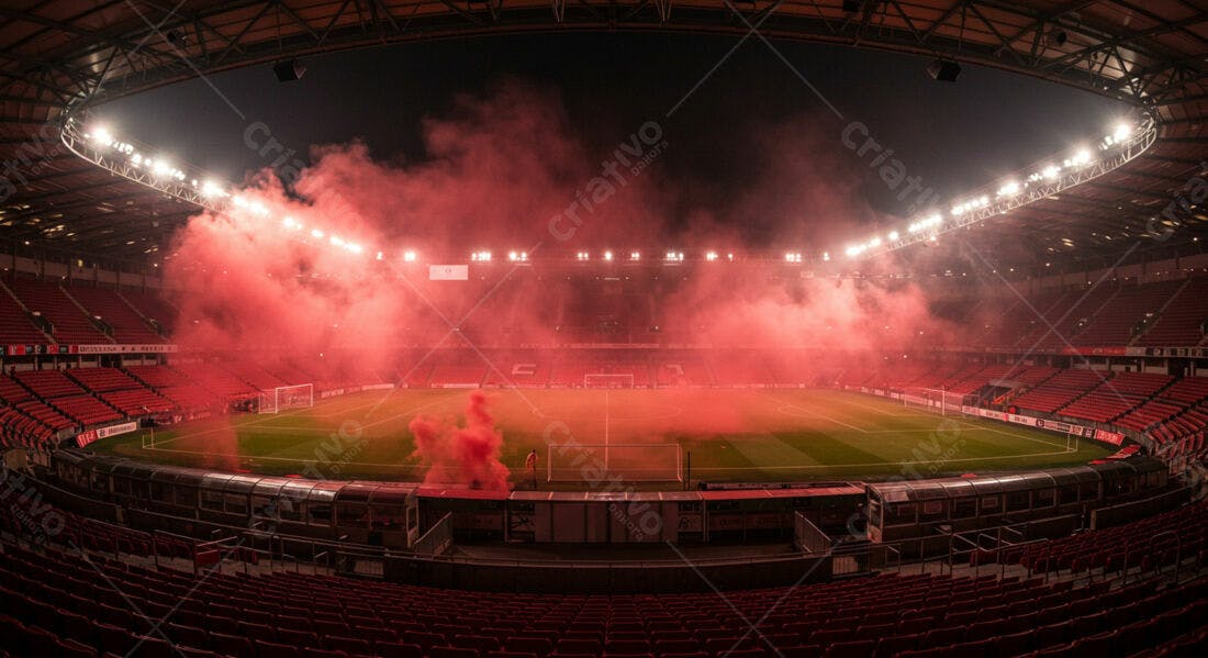 Estádio de futebol com fumaça vermelha