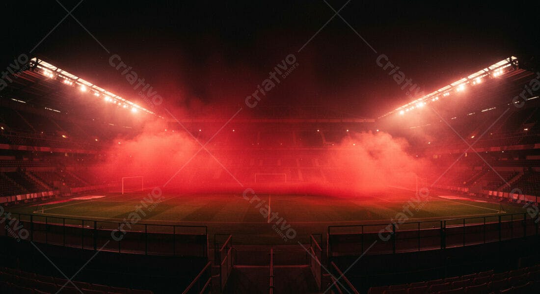 Estádio de futebol em noite de jogo com fumaça vermelha