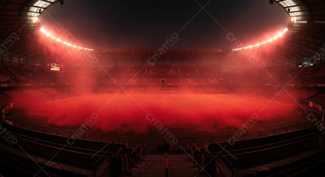 Estádio de futebol em noite de jogo com fumaça vermelha