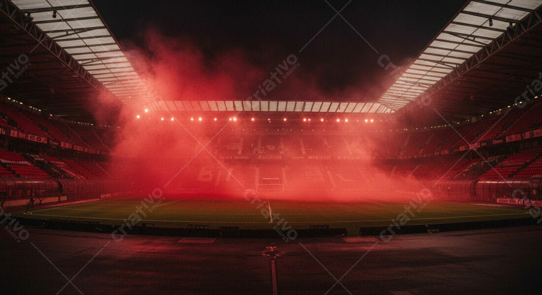 Estádio de futebol com fumaça vermelha noturna