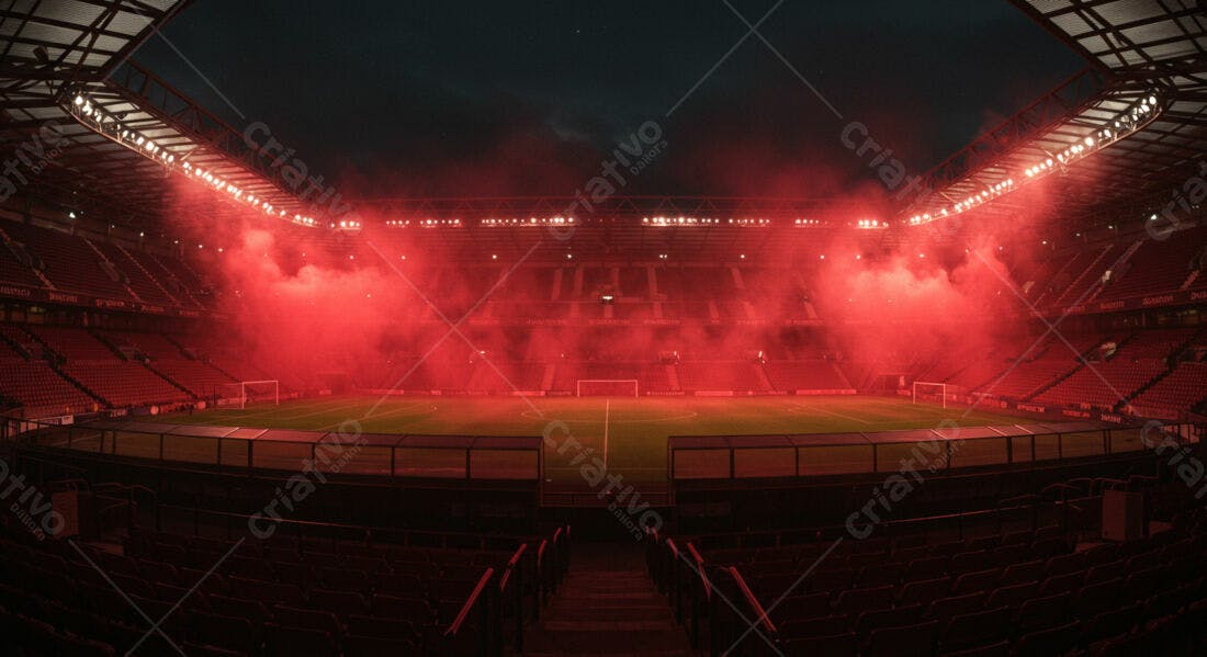 Estádio de futebol com fumaça vermelha