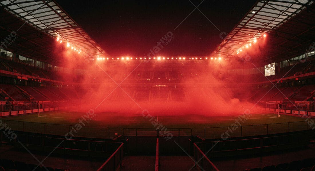 Estádio de futebol com fumaça vermelha