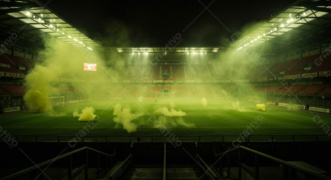 Estádio de futebol com fumaça verde
