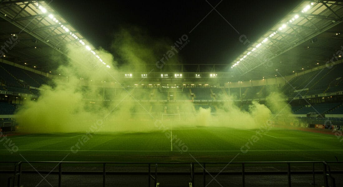 Estádio de futebol com fumaça verde