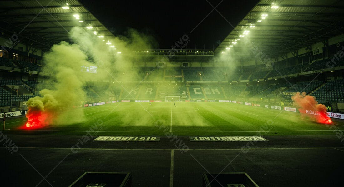 Estádio de futebol com fumaça verde e vermelha