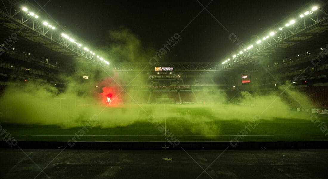 Estádio de futebol com fumaça verde e vermelha