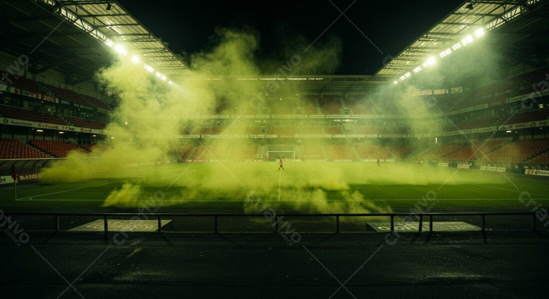 Estádio de futebol com fumaça verde