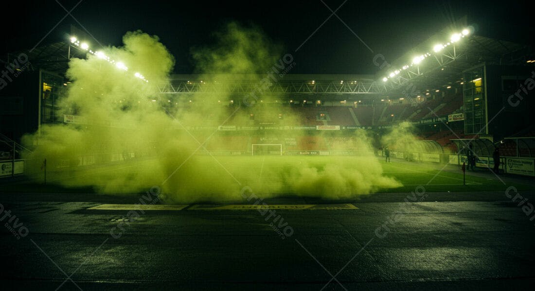 Fumaça verde em estádio de futebol noturno