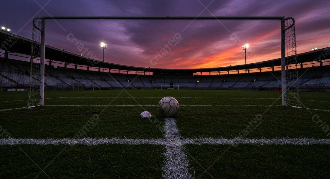 Bola de futebol em gol ao entardecer