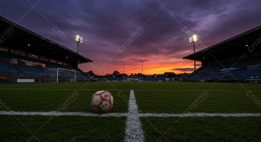 Bola de futebol em campo ao entardecer