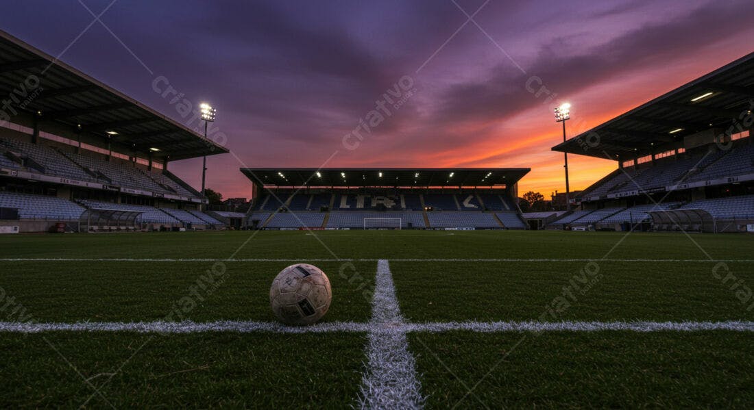 Estádio vazio ao entardecer com bola