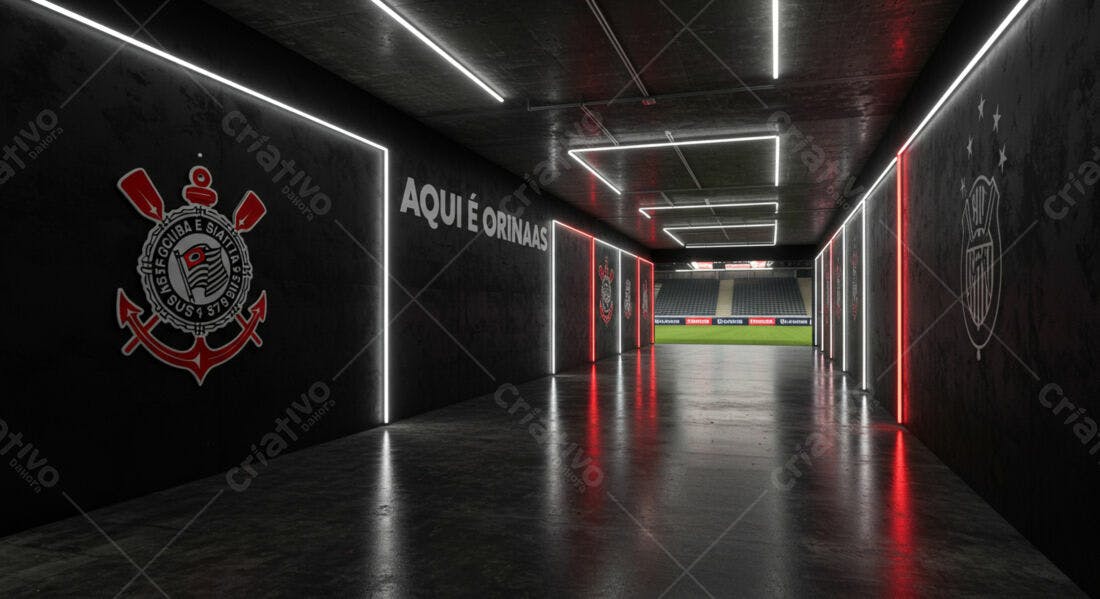 Túnel de acesso estádio cores vermelho e branco