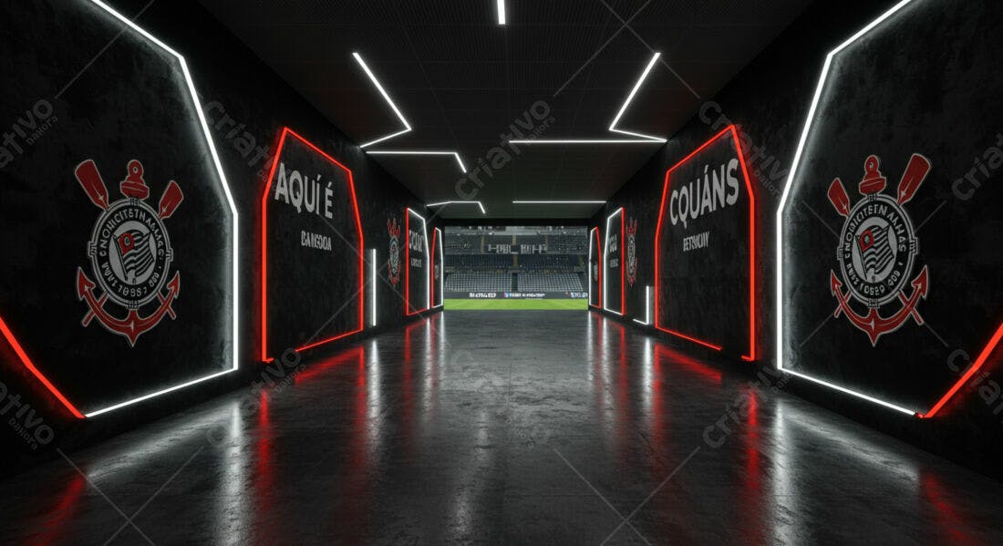 Túnel de acesso ao estádio com iluminação vermelha e branca