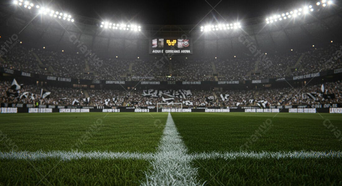 Campo de futebol noturno com torcida