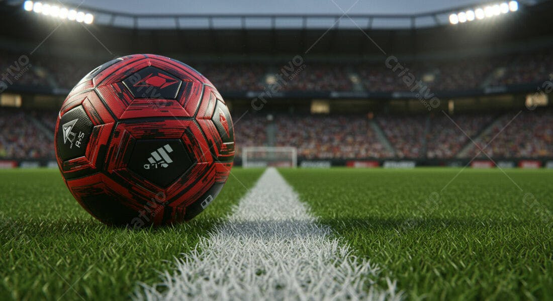 Bola de futebol vermelha e preta em campo