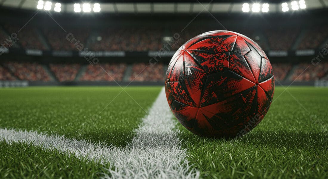 Bola de futebol vermelha e preta em campo