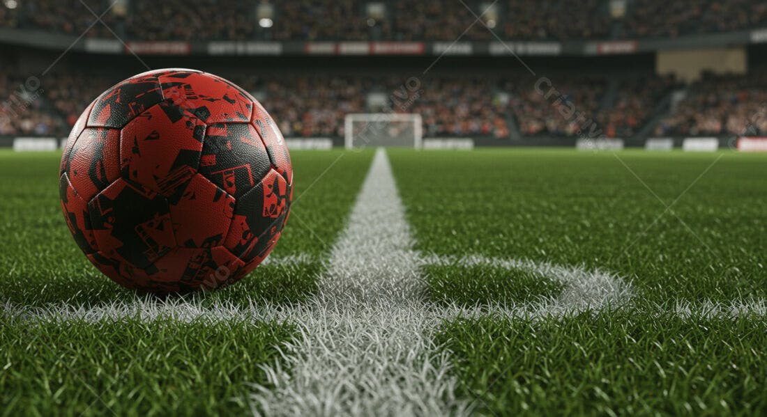 Bola de futebol vermelha e preta em campo gramado