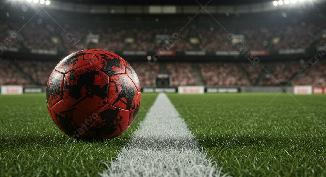 Bola de futebol vermelha em campo gramado