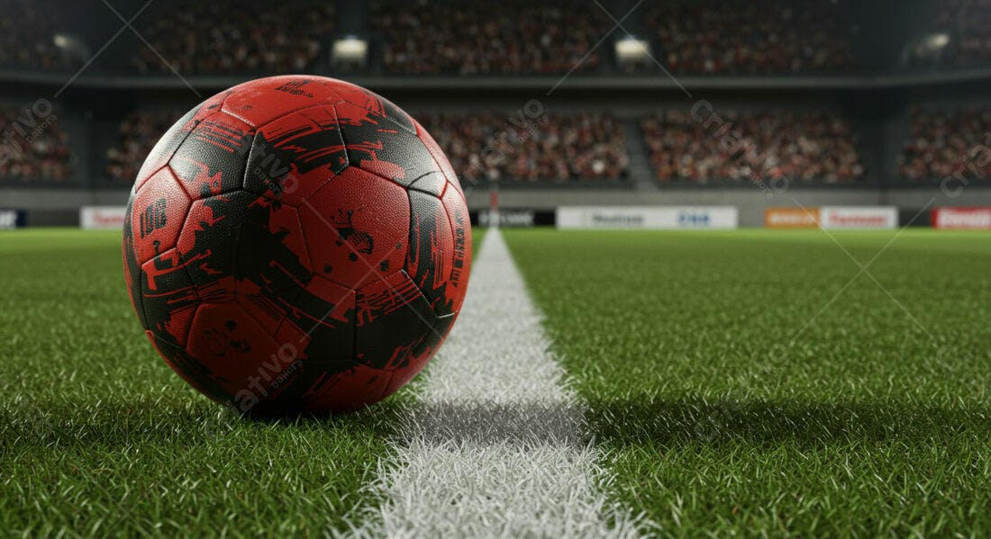 Bola de futebol vermelha e preta em campo