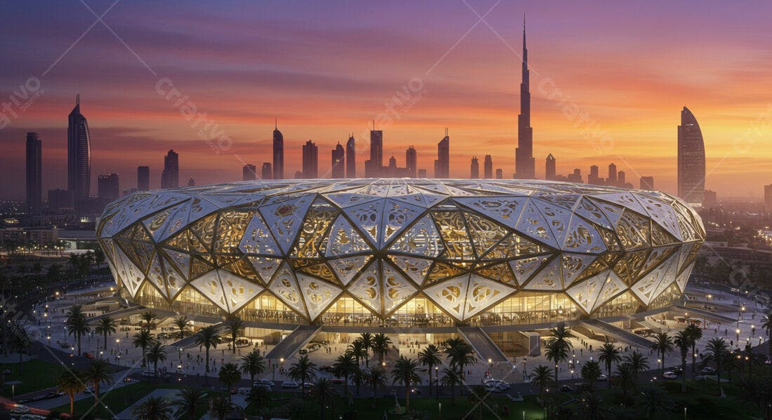 Estádio moderno em Dubai ao entardecer