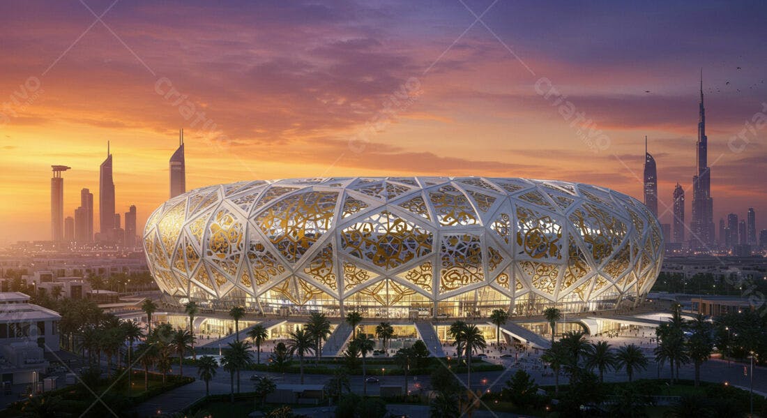 Estádio moderno ao pôr do sol em Dubai