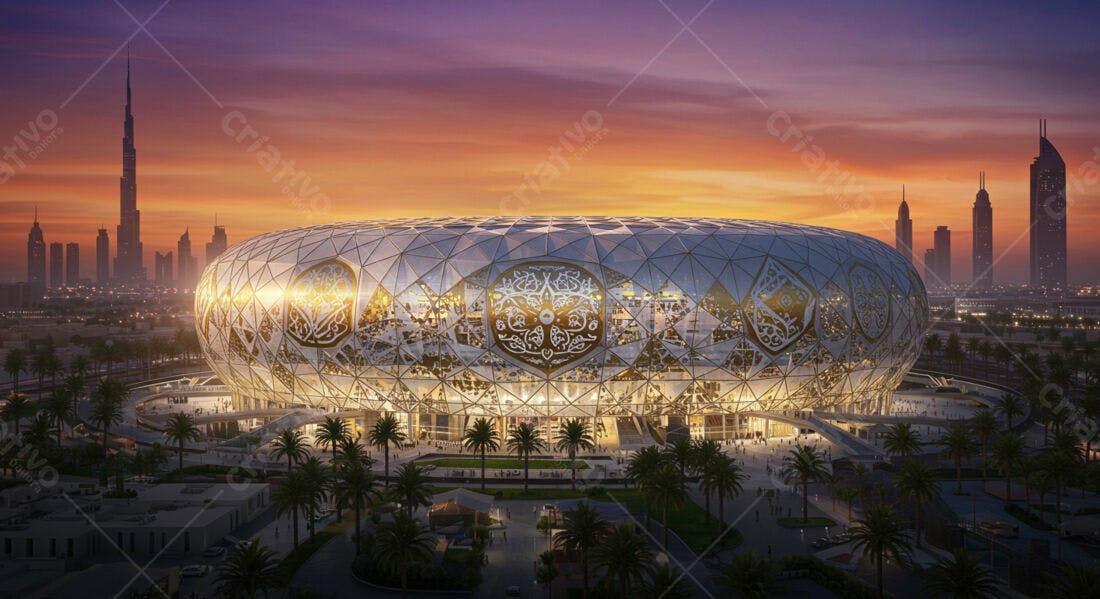 Estádio Moderno em Dubai ao Pôr do Sol