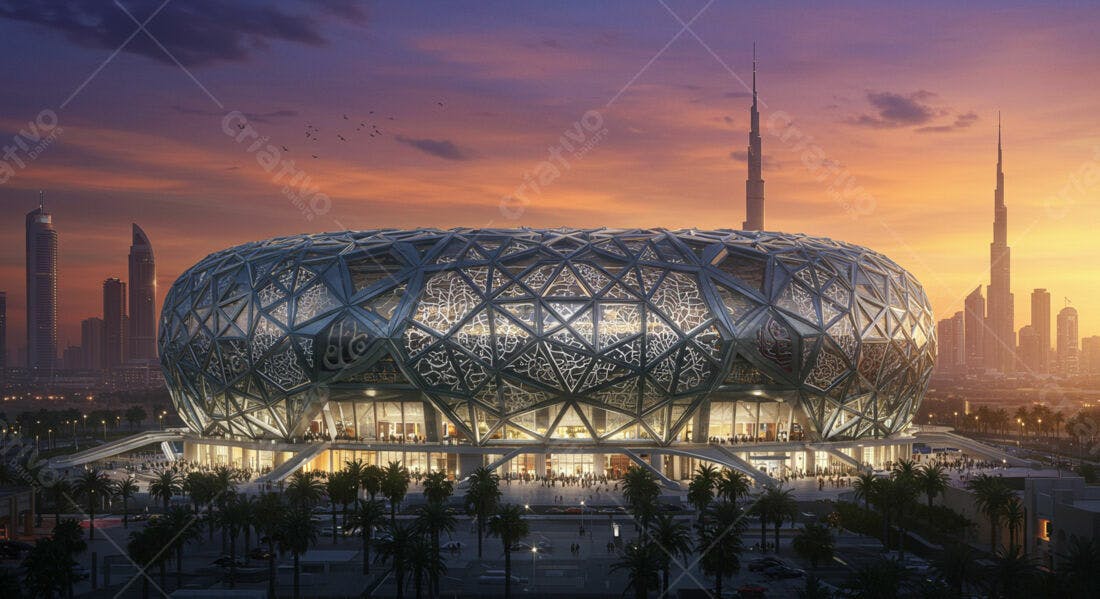 Estádio moderno em Dubai ao entardecer