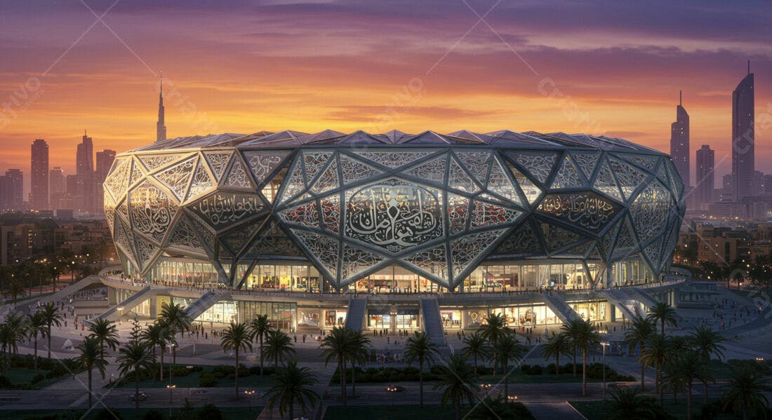 Estádio Moderno com Caligrafia Árabe ao Pôr do Sol