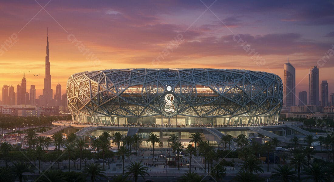 Estádio moderno ao pôr do sol em Dubai