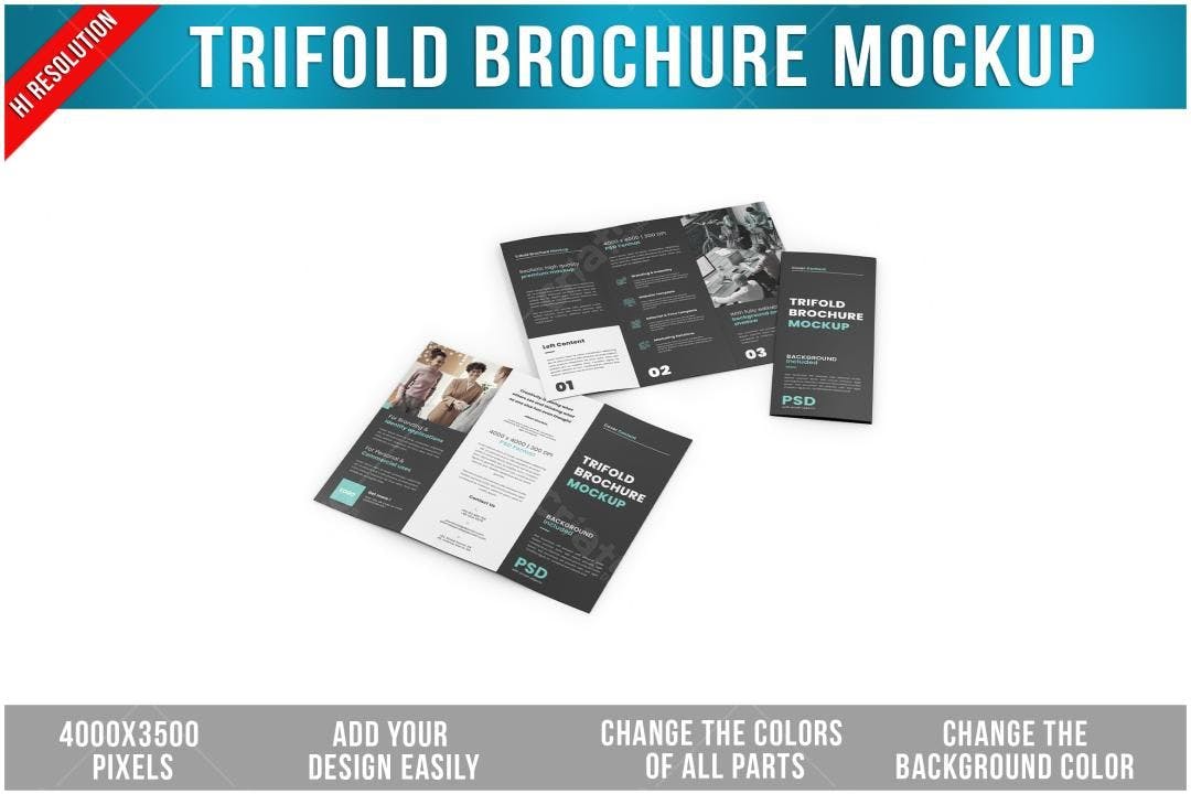 Mockup de Panfleto Trifold Moderno em Preto e Cinza