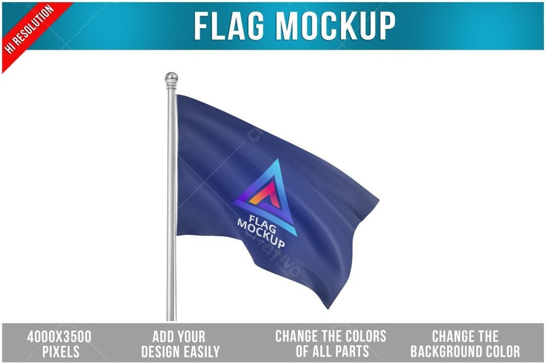Mockup de Bandeira Realista: Azul Marinho com Logo Abstrata