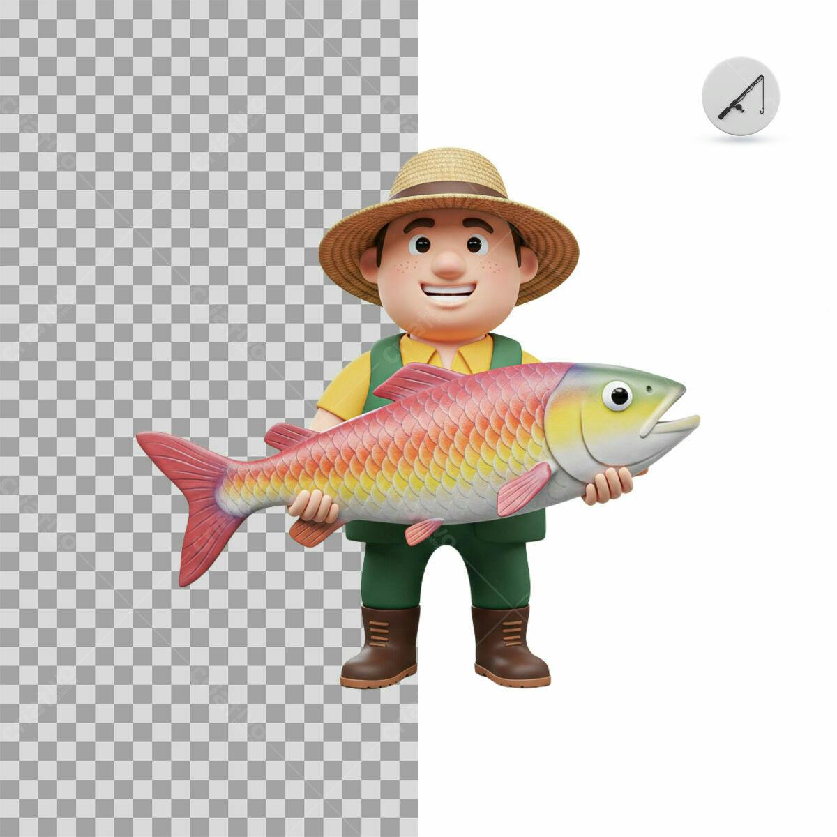 Personagem Cartoon Pescador com Peixe PSD Editável