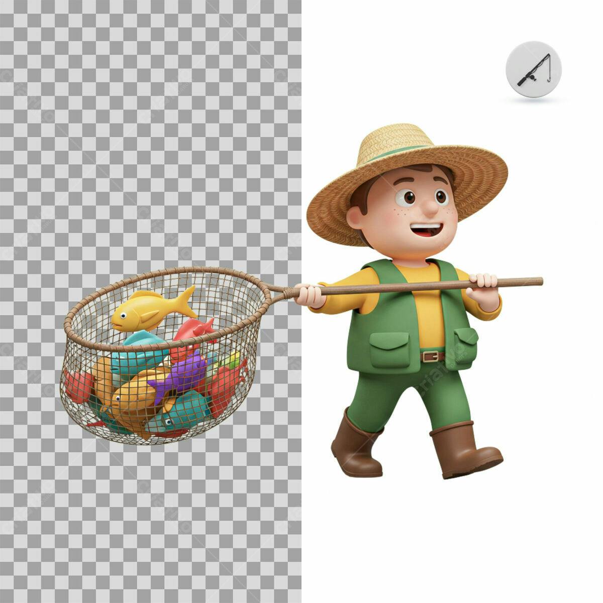 Personagem Cartoon Pescador com Rede PSD Editável