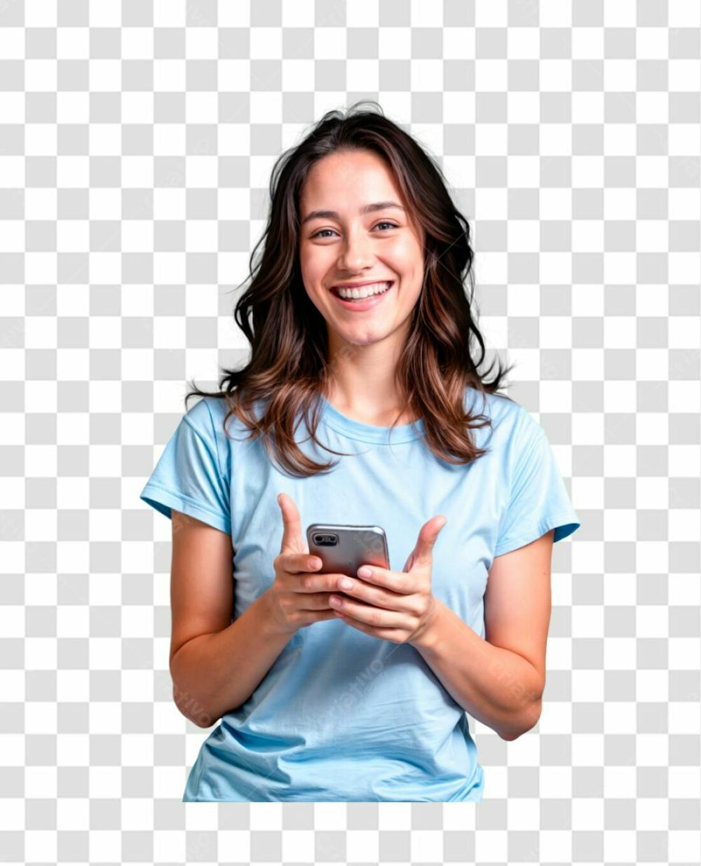 Jovem Mulher Caucasiana Cabelo Moreno De Camiseta Azul Claro Usando Celular