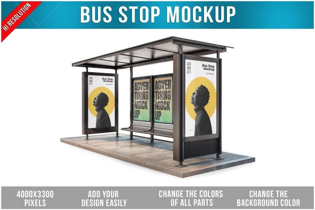 Mockup Realista de Parada de Ônibus com Anúncios