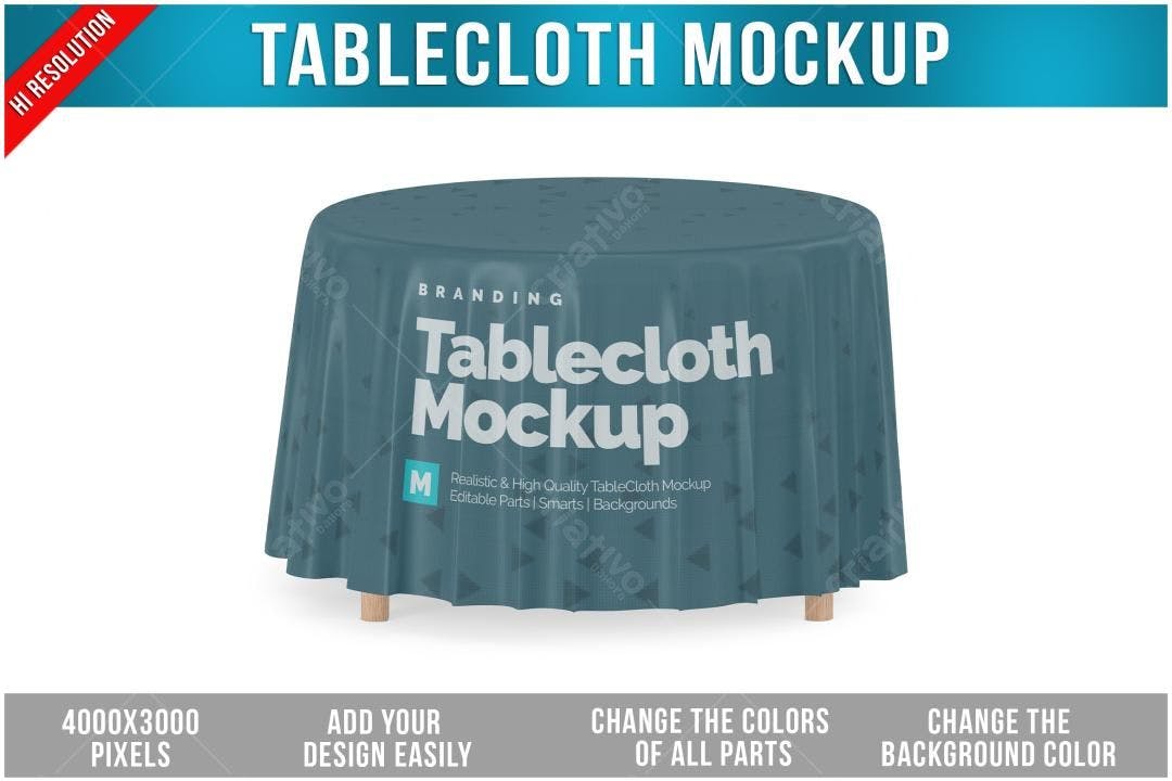 Mockup Mesa Redonda: Toalha Teal com Padrão Geométrico