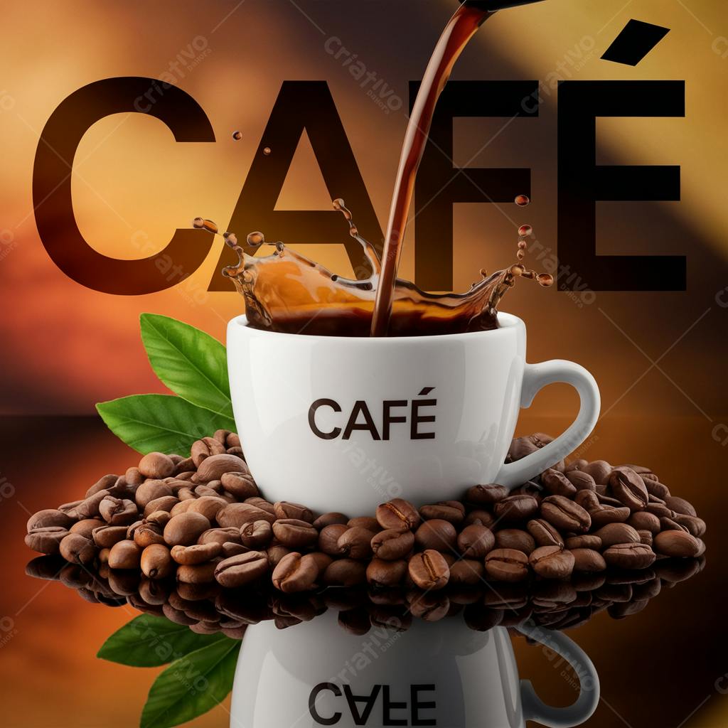 Café sendo servido em xícara branca com grãos