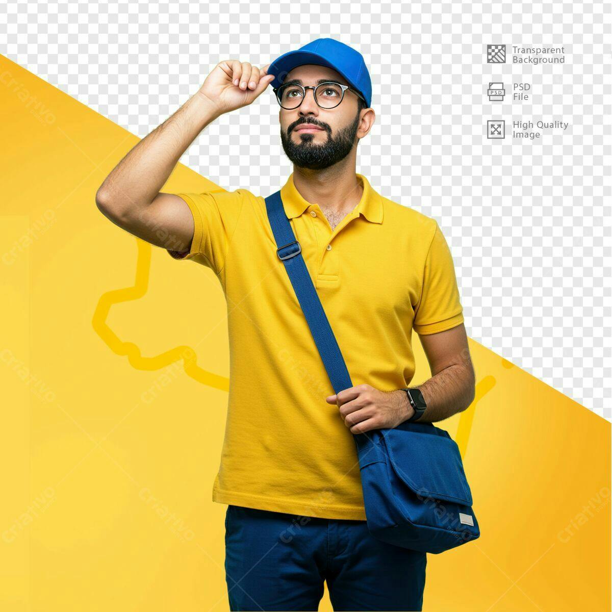 PSD Mockup de Entregador com Bolsa Azul e Amarelo