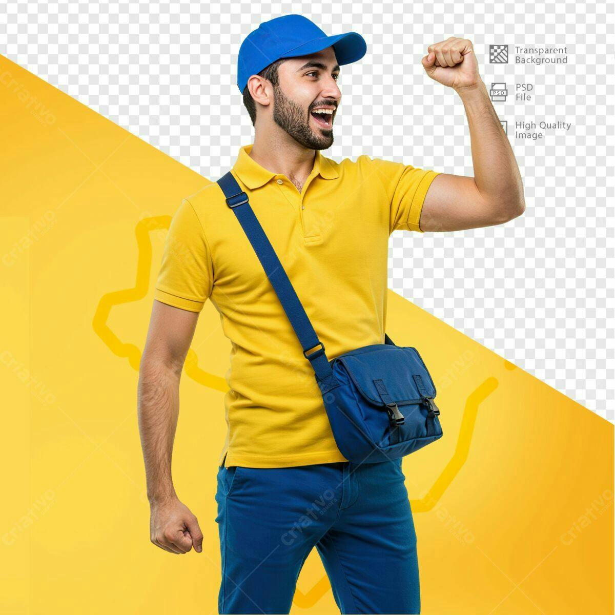 PSD Mockup Entregador com Bolsa Amarelo e Azul