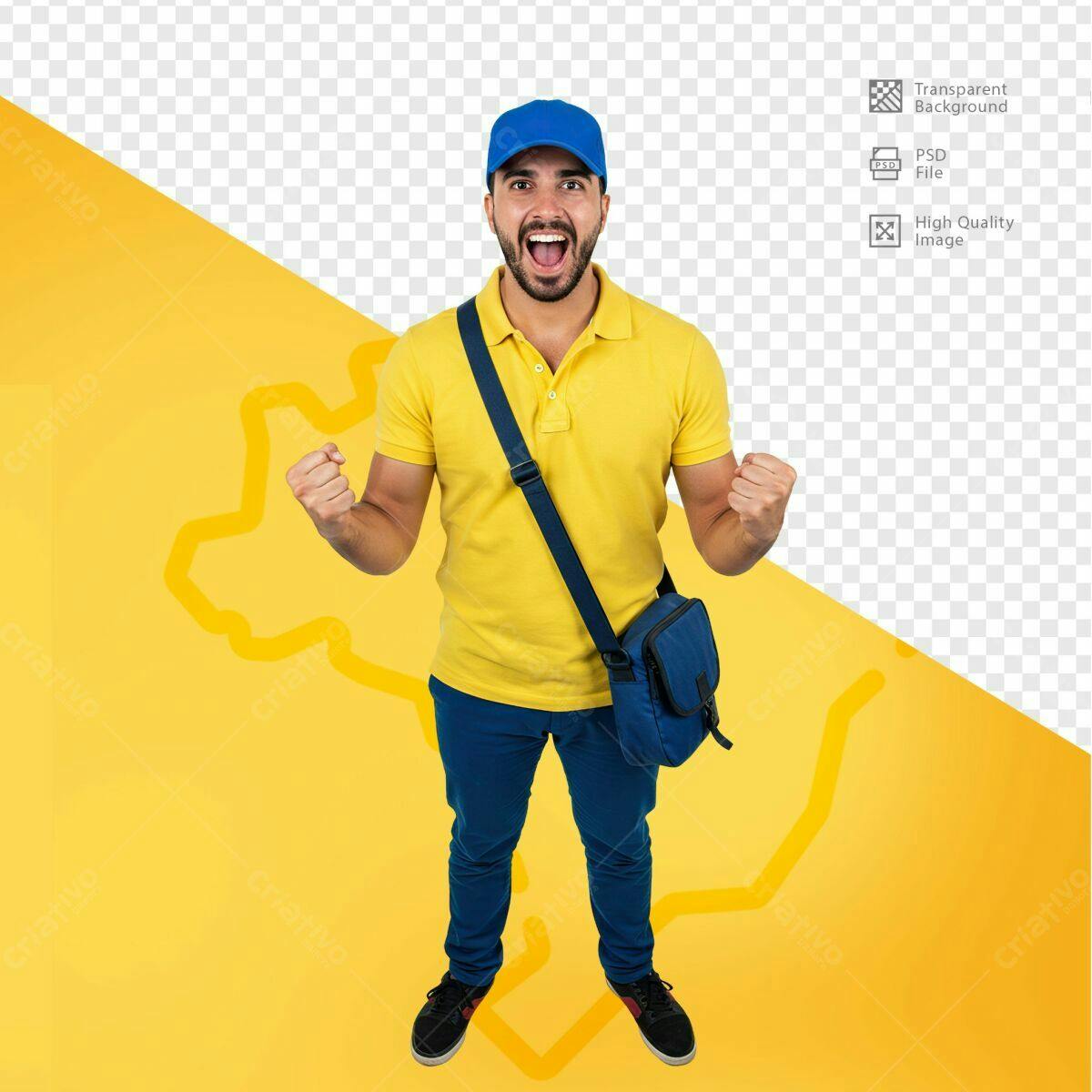 Psd Mockup Entregador Feliz com Bolsa Amarela PSD Editável
