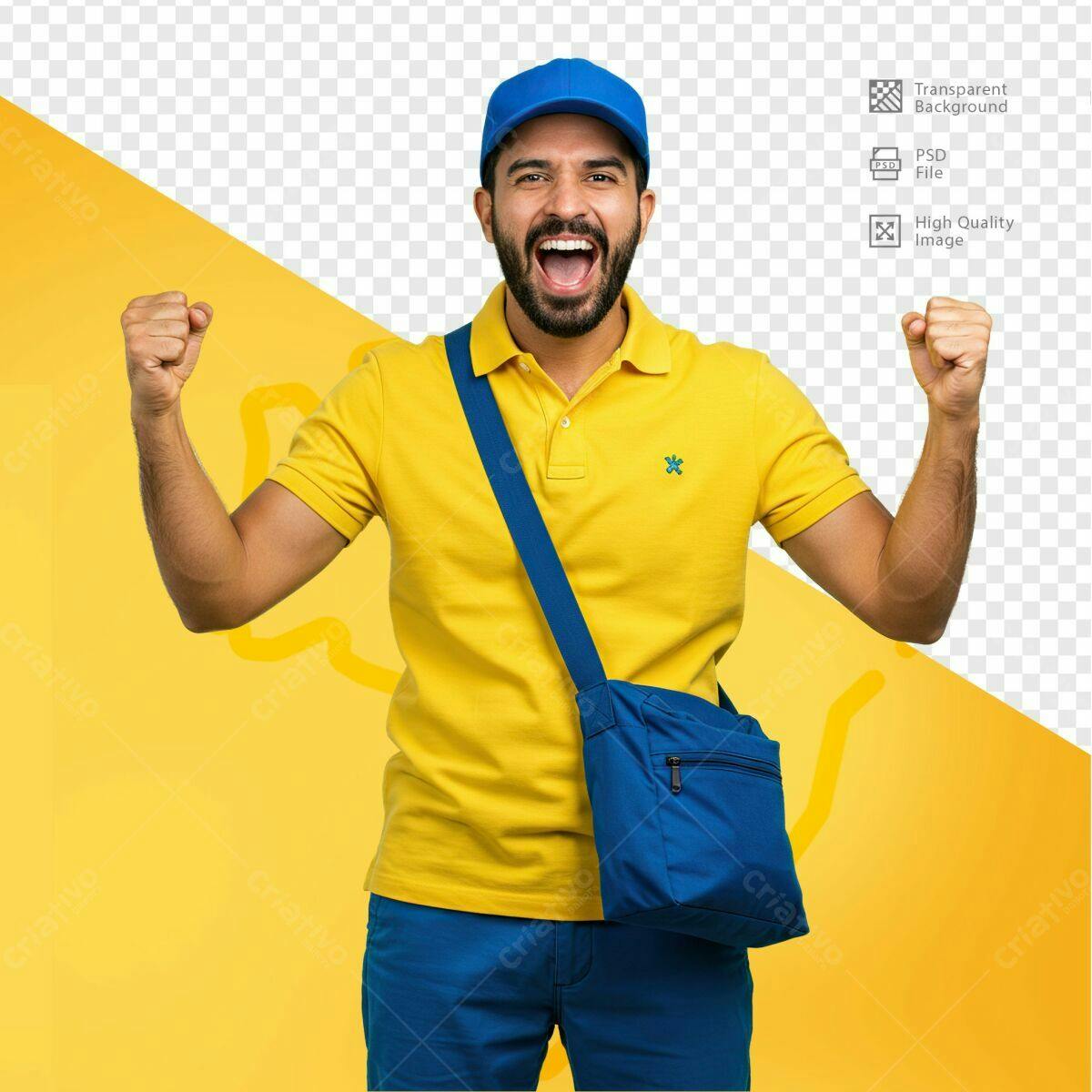 PSD Mockup Entregador Feliz Amarelo e Azul PSD Editável