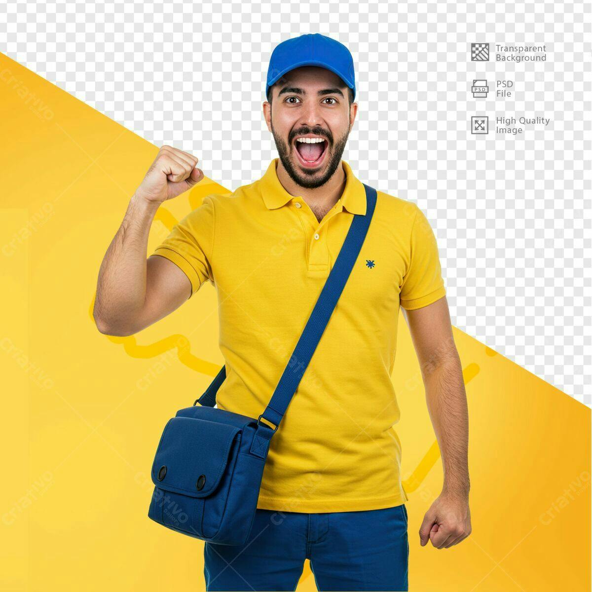 PSD Mockup de Entregador Feliz com Bolsa Azul e Amarelo