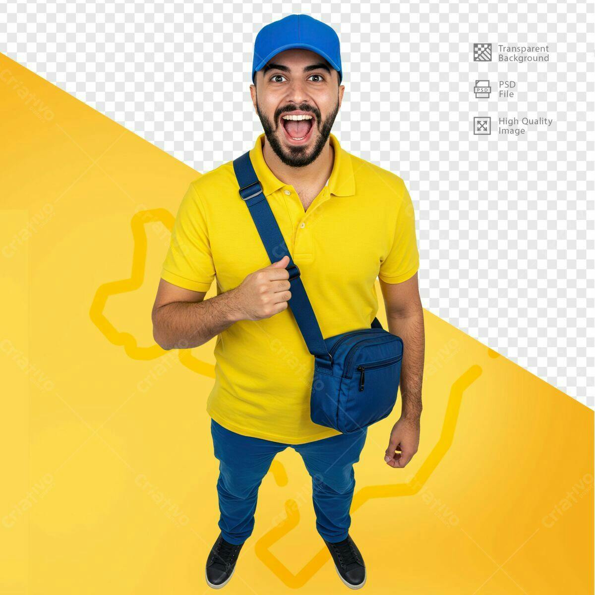 PSD Mockup Entregador com Bolsa Amarelo e Azul