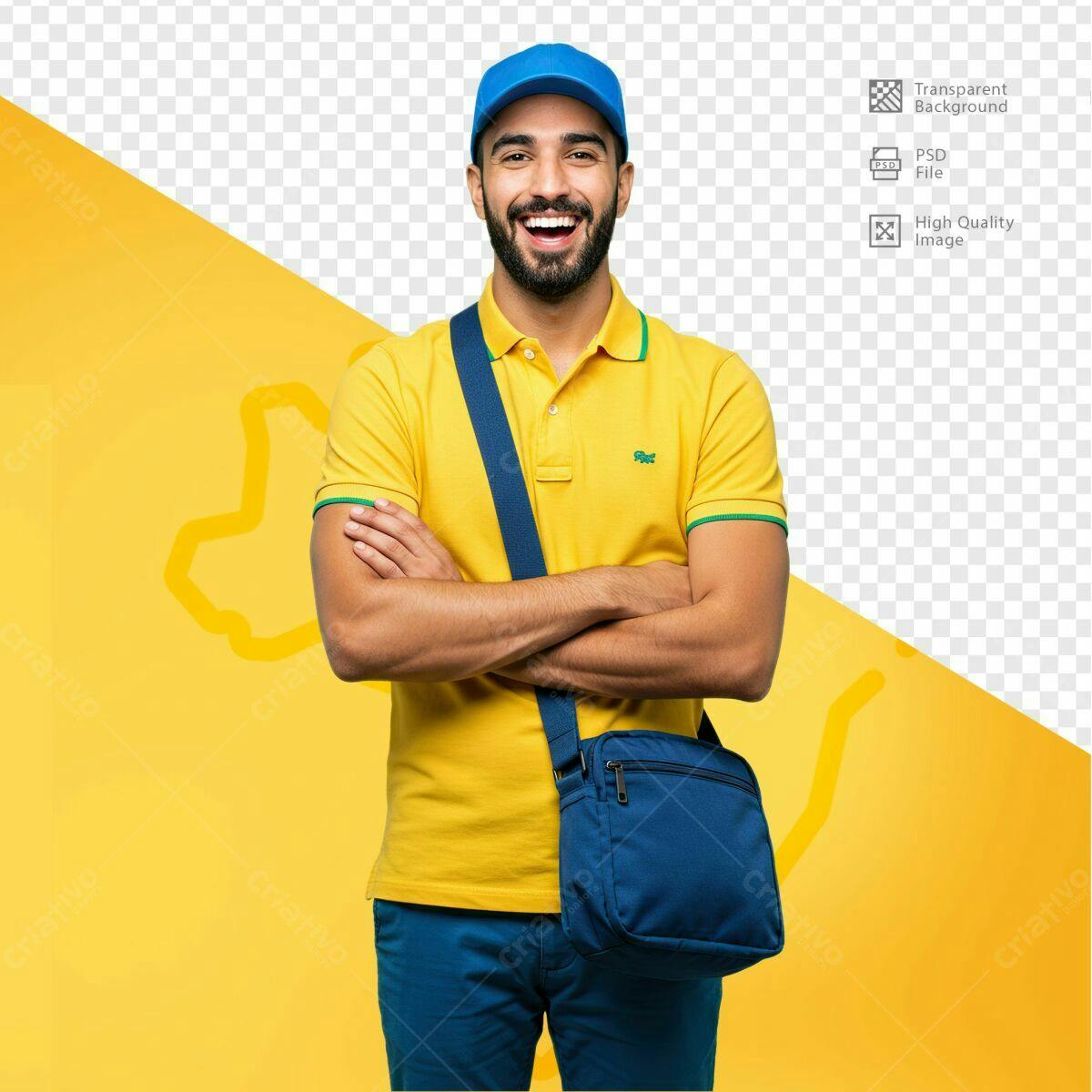 PSD Mockup Entregador Sorrindo Amarelo e Azul PSD Editável