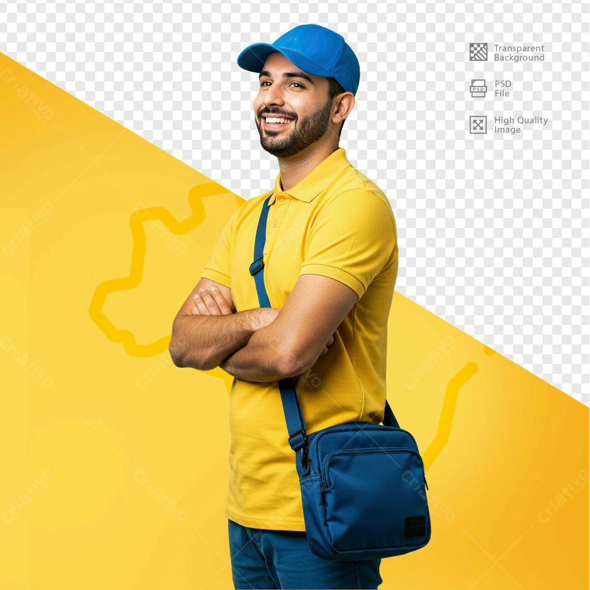 Mockup Entregador com Bolsa Azul e Amarelo PSD Editável